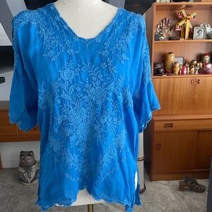Johnny Was Blue embroidered Floral Blouse